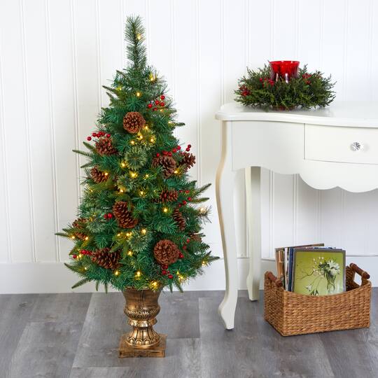 4ft. Pre-Lit Pine Artificial Potted Christmas Tree with Pinecone & Berries, Clear LED Lights